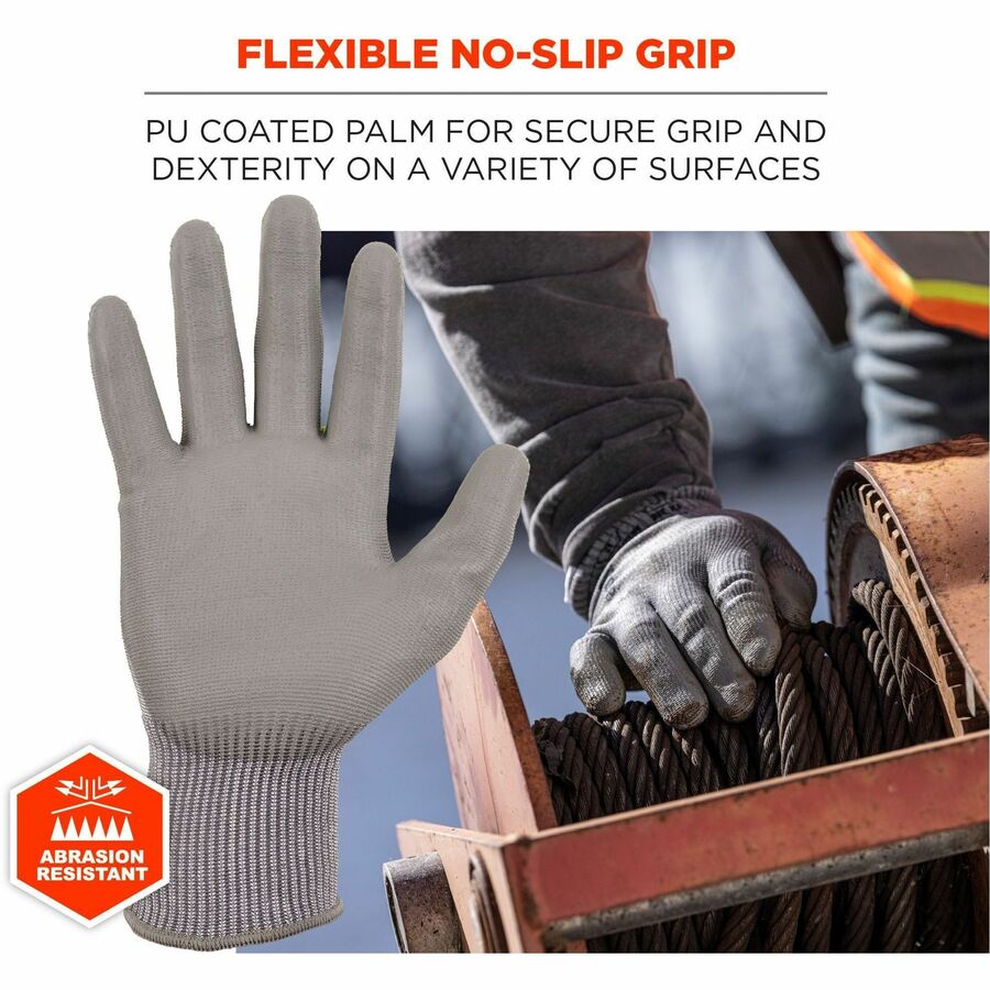 Ergodyne ProFlex 7024 PU-Coated Cut-Resistant Gloves, Large, Gray, HPPE/Nylon Spandex, Polyurethane Palm, Touchscreen Capable, Machine Washable, 2 Pairs per Pack