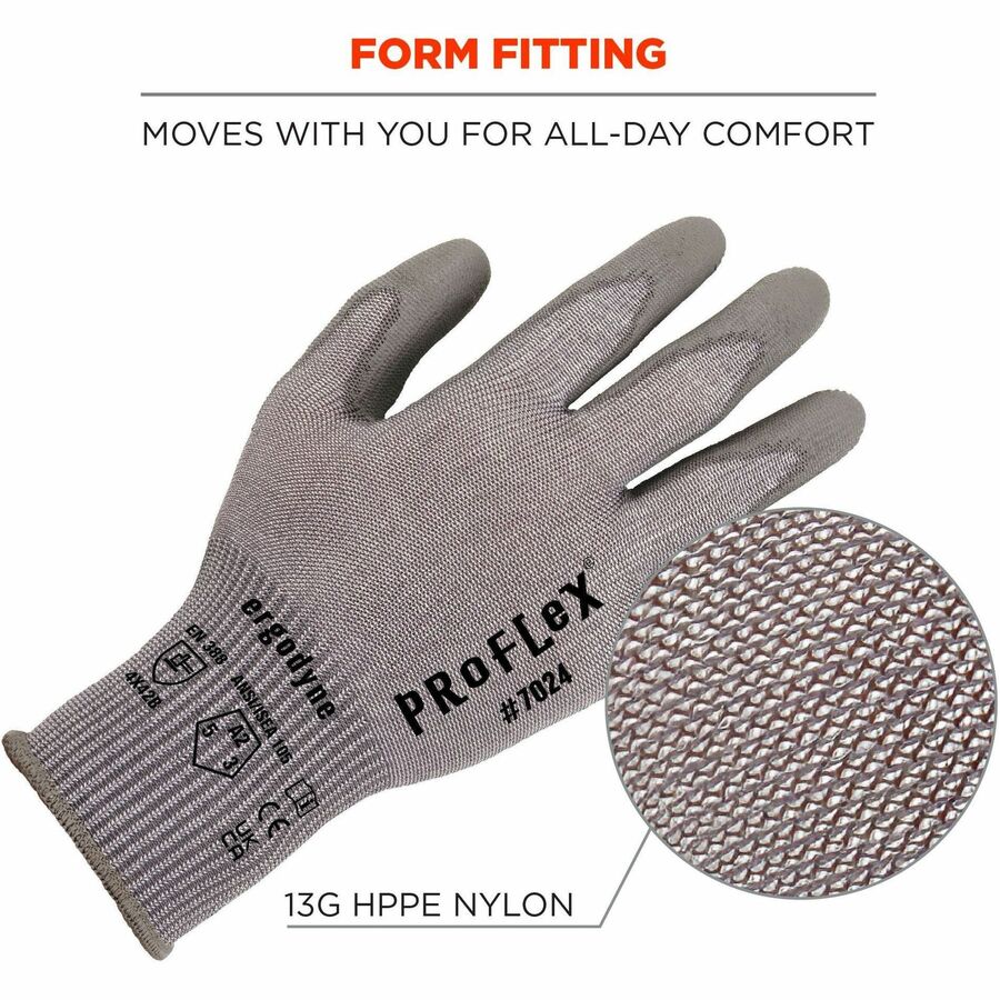 Ergodyne ProFlex 7024 PU-Coated Cut-Resistant Gloves, Large, Gray, HPPE/Nylon Spandex, Polyurethane Palm, Touchscreen Capable, Machine Washable, 2 Pairs per Pack
