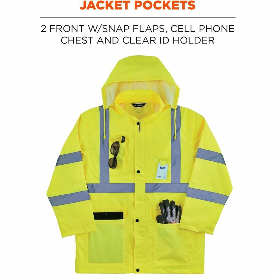 Ergodyne GloWear 8376K Hi-Vis Rain Suit Kit, X-Large, Orange, Polyester Mesh, Snap/Zipper Closure, 3 Pockets, Reflective, Lightweight, Waterproof, Machine Washable, 1 Each