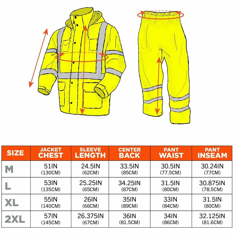 Ergodyne GloWear 8376K Hi-Vis Rain Suit Kit, X-Large, Orange, Polyester Mesh, Snap/Zipper Closure, 3 Pockets, Reflective, Lightweight, Waterproof, Machine Washable, 1 Each