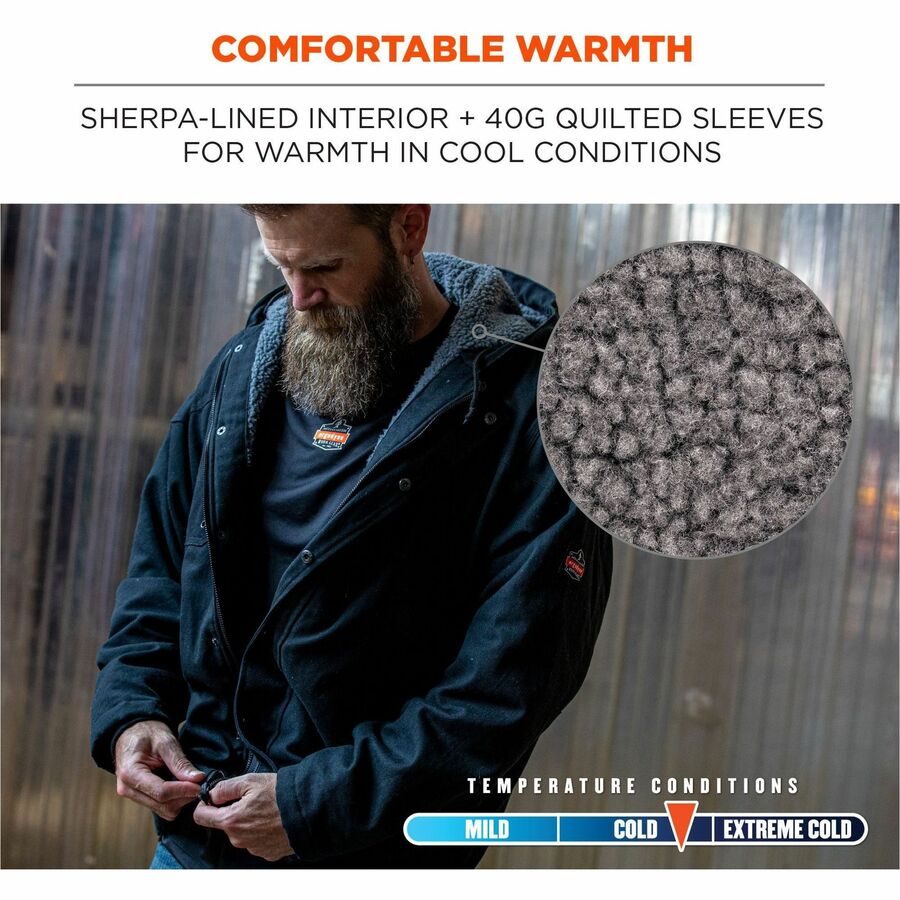 Ergodyne N-Ferno 6468 Heavy-Duty Canvas Jacket, XX-Large, Black, 6 Pockets, Snap/Zipper Closure, Fleece/Cotton/Polyester, Water & Wind Resistant, Insulated, Adjustable Drawstring Hood & Waist, 1 Each