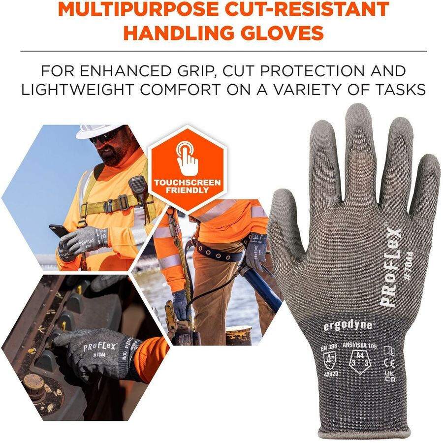 Ergodyne ProFlex 7044 PU-Coated Cut-Resistant Gloves, X-Large, Gray, Polyurethane Palm, HPPE/Polyester, Touchscreen Capable, ANSI A4 Cut Level, 18-Gauge, 2 Pairs