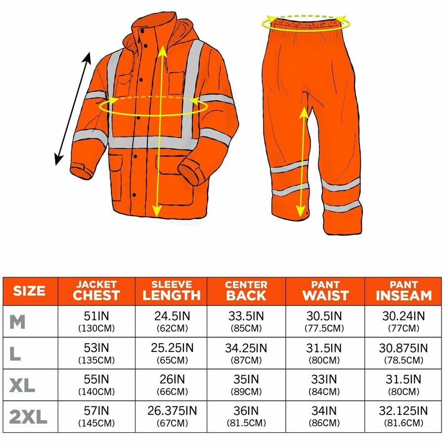 Ergodyne GloWear 8376K Hi-Vis Rain Suit Kit, Large, Orange, Polyester Mesh, Snap/Zipper Closure, 3 Pockets, Lightweight, Waterproof, Reflective, Machine Washable, Elastic Waist, 1 Each