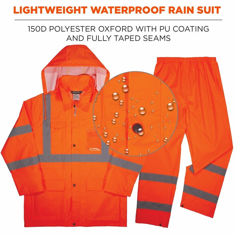 Ergodyne GloWear 8376K Hi-Vis Rain Suit Kit, Large, Orange, Polyester Mesh, Snap/Zipper Closure, 3 Pockets, Lightweight, Waterproof, Reflective, Machine Washable, Elastic Waist, 1 Each