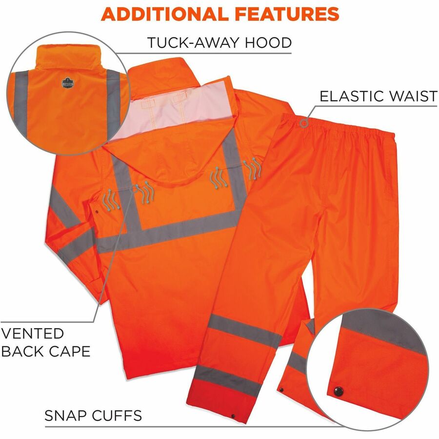 Ergodyne GloWear 8376K Hi-Vis Rain Suit Kit, Large, Orange, Polyester Mesh, Snap/Zipper Closure, 3 Pockets, Lightweight, Waterproof, Reflective, Machine Washable, Elastic Waist, 1 Each