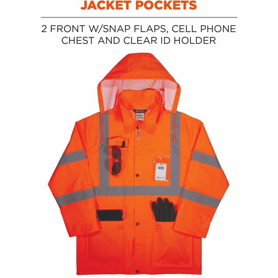 Ergodyne GloWear 8376K Hi-Vis Rain Suit Kit, Large, Orange, Polyester Mesh, Snap/Zipper Closure, 3 Pockets, Lightweight, Waterproof, Reflective, Machine Washable, Elastic Waist, 1 Each