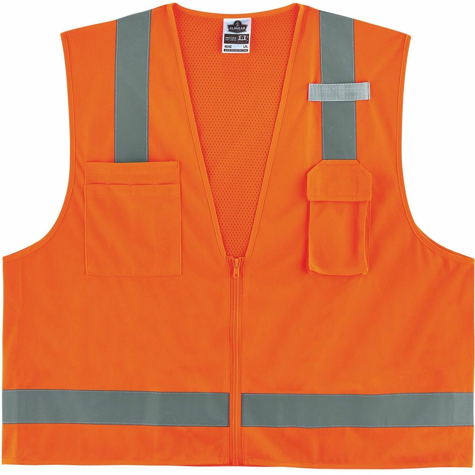 Ergodyne GloWear 8249Z Hi-Vis Surveyors Vest, 3X-Large, Zipper Closure, 4 Pockets, Polyester/Polyester Mesh, Orange, Reflective, Mesh Back, 1 Each