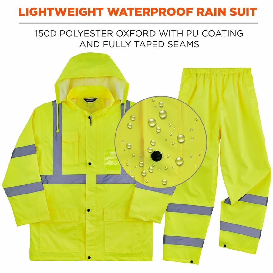 Ergodyne GloWear 8376K Hi-Vis Rain Suit Kit, Large, Orange, Polyester Mesh, Snap/Zipper Closure, 3 Pockets, Lightweight, Waterproof, Reflective, Machine Washable, 1 Each