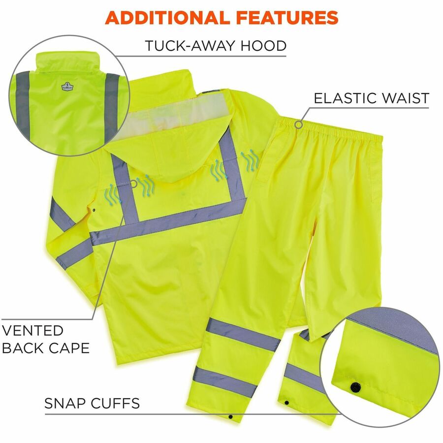 Ergodyne GloWear 8376K Hi-Vis Rain Suit Kit, Large, Orange, Polyester Mesh, Snap/Zipper Closure, 3 Pockets, Lightweight, Waterproof, Reflective, Machine Washable, 1 Each
