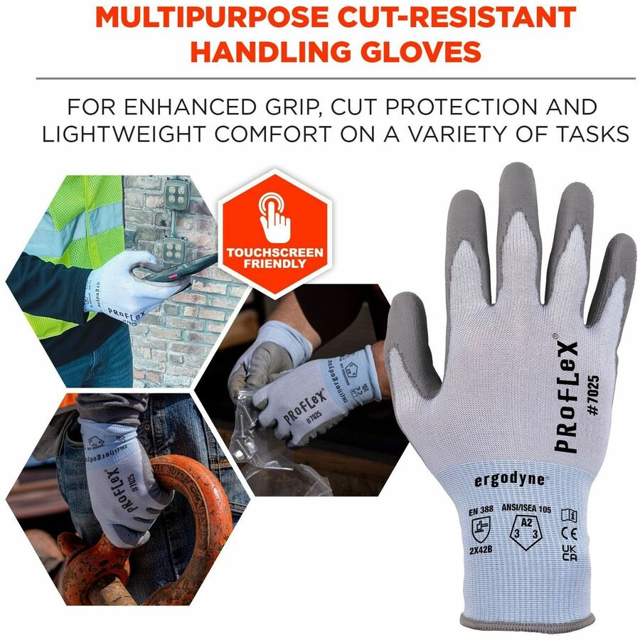 Ergodyne 7025 PU-Coated Cut-Resistant Gloves, Small, Blue, Touchscreen Capable, Polyurethane Palm, HPPE/Nylon Spandex, ANSI A2 Cut Level, 2 Pairs per Pack
