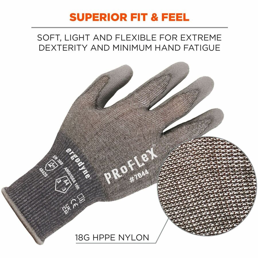 Ergodyne ProFlex 7044 PU-Coated Cut-Resistant Gloves, Medium, Gray, HPPE/Polyester, Polyurethane Palm, Touchscreen Capable, ANSI A4 Cut Level, 18-Gauge, 2 Pairs