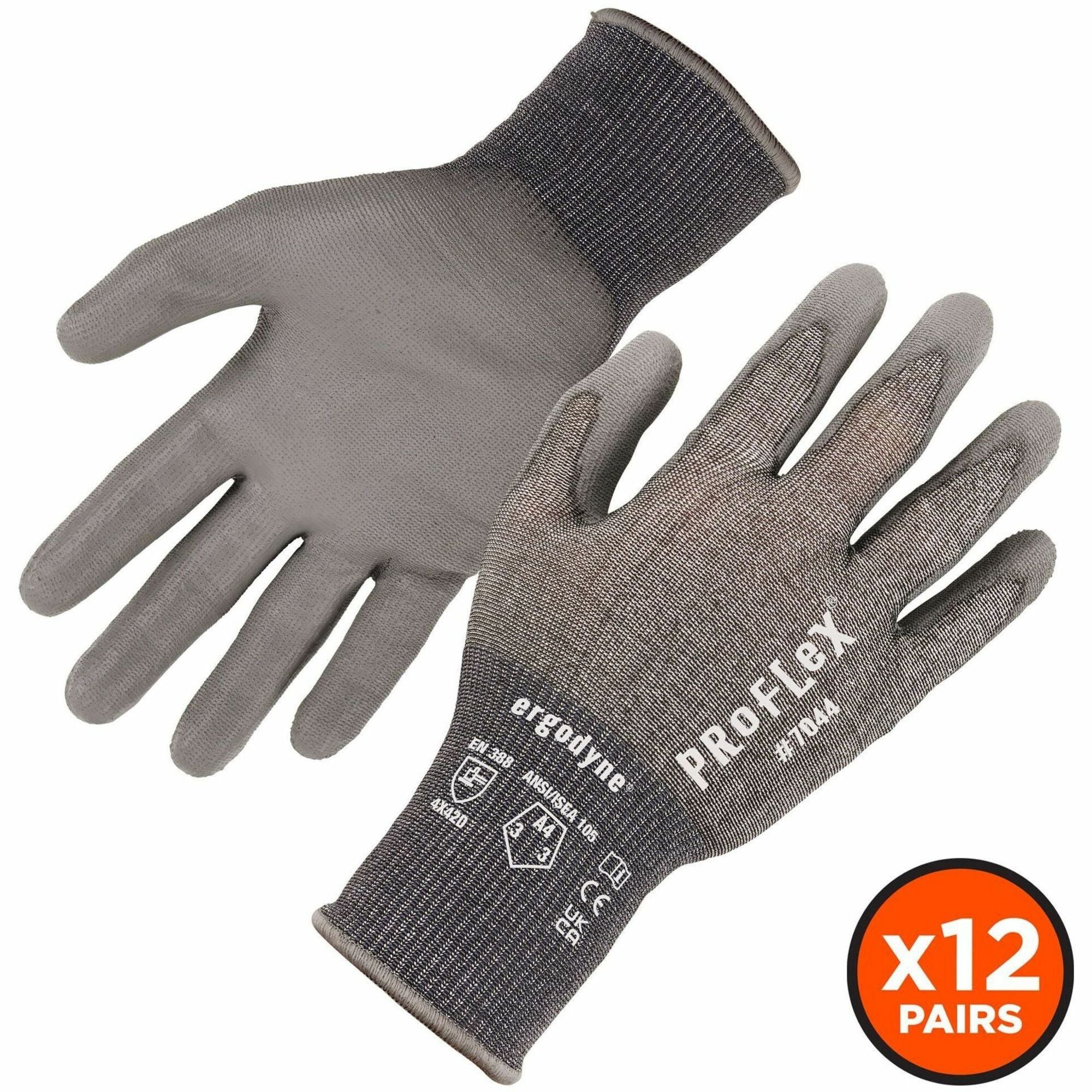 Ergodyne ProFlex 7044 PU-Coated Cut-Resistant Gloves, Small, Gray, HPPE/Polyester, Polyurethane Palm, Touchscreen Capable, ANSI A4 Cut Level, 18-Gauge, 2 Pairs per Pack