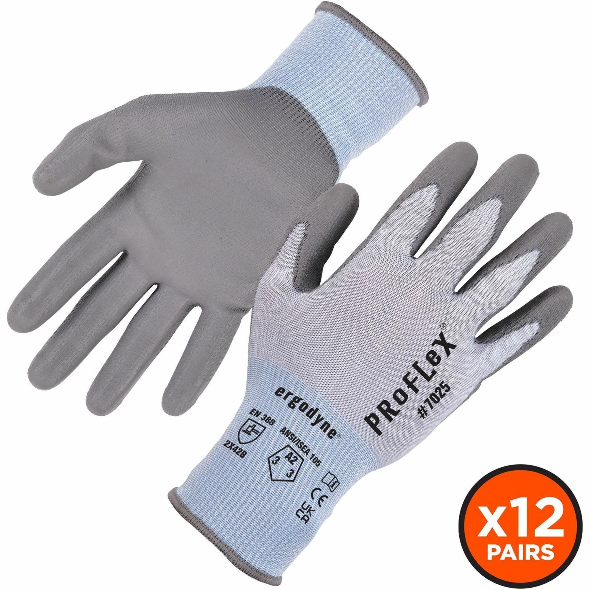 Ergodyne 7025 PU-Coated Cut-Resistant Gloves, XXL, Blue, Touchscreen Capable, Polyurethane Palm, HPPE/Nylon Spandex, Cut and Abrasion Resistant, 2 Pairs per Pack