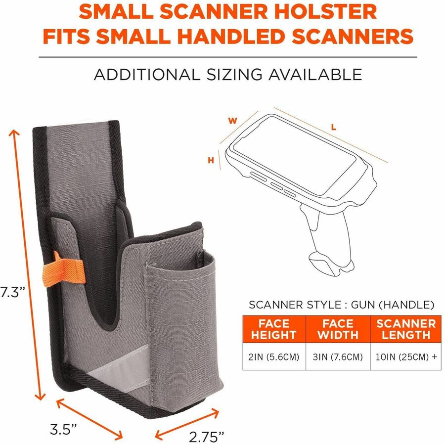Ergodyne Squids 5540 Rugged Bar Code Scanner Holster, Small, Gray, Polyester, Drop/Abrasion/Damage Resistant, Holster/Belt Loop/Belt Clip, 7.3" x 2.8" x 3.5", 1 Each