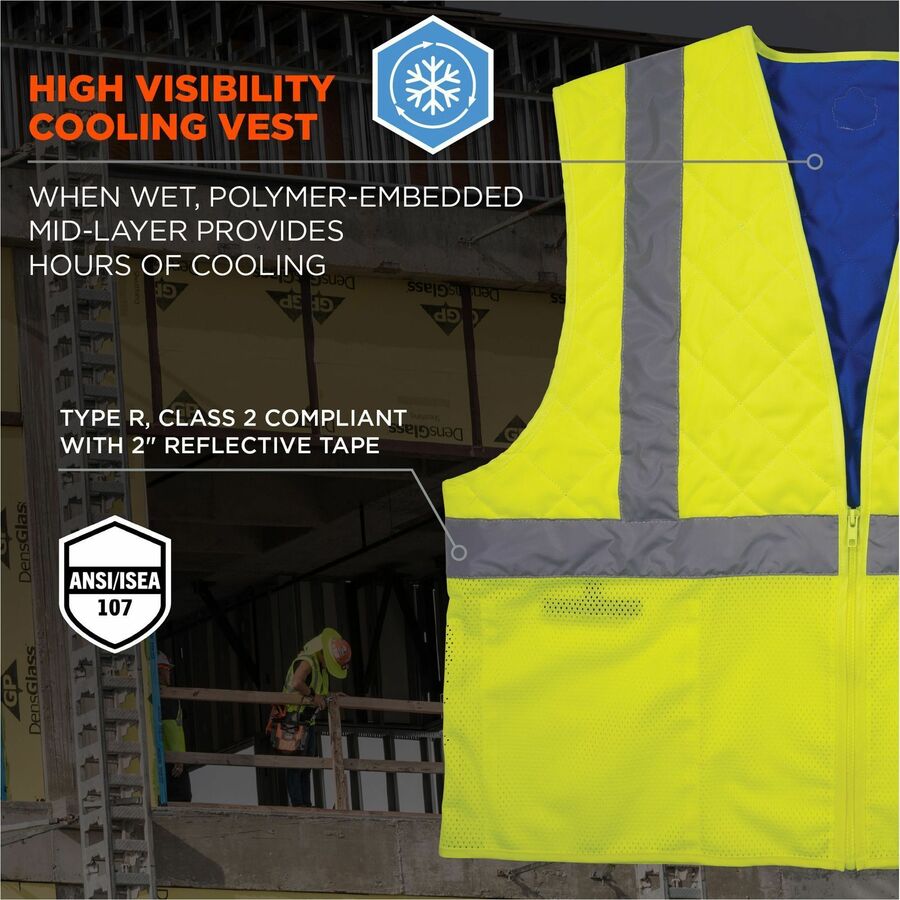 Ergodyne Chill-Its 6668 Hi-Vis Safety Cooling Vest, X-Large, Lime, Zipper Closure, 2 Pockets, Polyester/Nylon, Lightweight, Breathable, Reflective Strap, Water Repellent, 1 Each