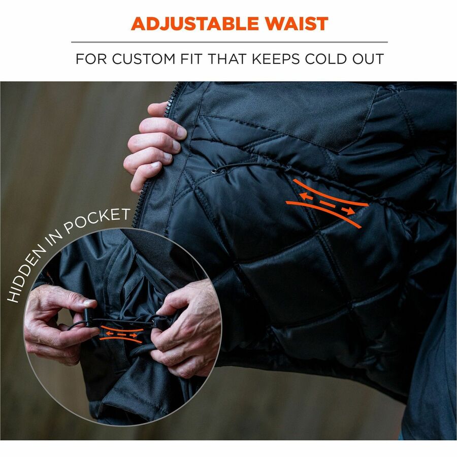Ergodyne N-Ferno 6467 Winter Work Jacket, Large, Black, Polyester, 5 Pockets, Snap/Zipper Closure, Hook & Loop Wrist, Detachable Drawstring Hood, Water & Wind Resistant, Insulated, 1 Each
