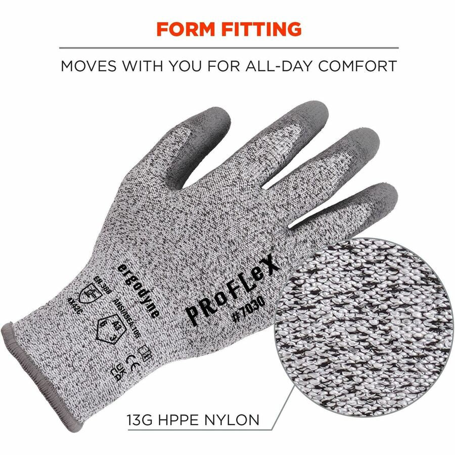 Ergodyne ProFlex 7030 PU-Coated Cut-Resistant Gloves, Large, Gray, HPPE/Nylon Spandex, Polyurethane Palm, Touchscreen Capable, Abrasion and Cut Resistant, 2 Pairs per Pack