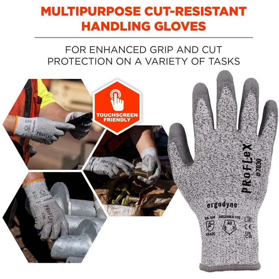 Ergodyne ProFlex 7030 PU-Coated Cut-Resistant Gloves, Large, Gray, HPPE/Nylon Spandex, Polyurethane Palm, Touchscreen Capable, Abrasion and Cut Resistant, 2 Pairs per Pack