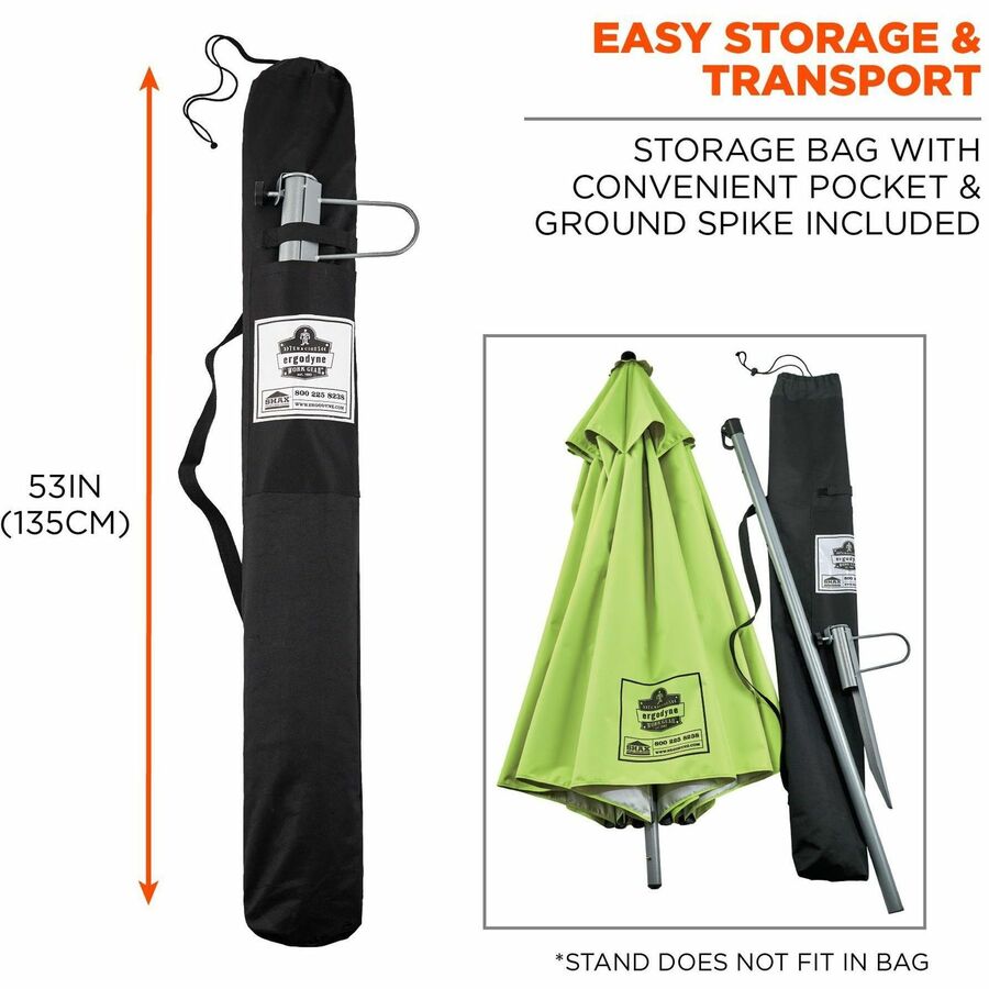 Ergodyne SHAX 6199 Lightweight Work Umbrella and Stand Kit, Lime, Includes 1 Umbrella, 1 Stand, Oversized Storage Bag with Pocket & Ground Spike