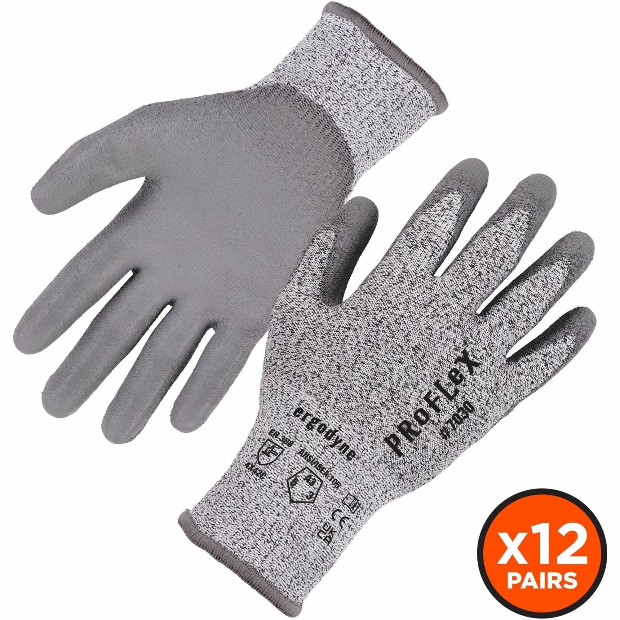 Ergodyne ProFlex 7030 PU-Coated Cut-Resistant Gloves, Small, Gray, HPPE/Nylon Spandex, Polyurethane Palm, Touchscreen Capable, 2 Pairs per Pack