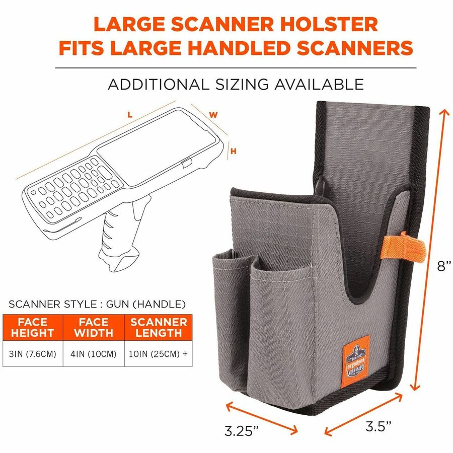 Ergodyne Squids 5540 Rugged Bar Code Scanner Holster, Large, Gray, Drop/Abrasion/Damage Resistant Polyester, Holster with Belt Loop and Belt Clip, 8" x 3.3" x 3.5", 1 Each