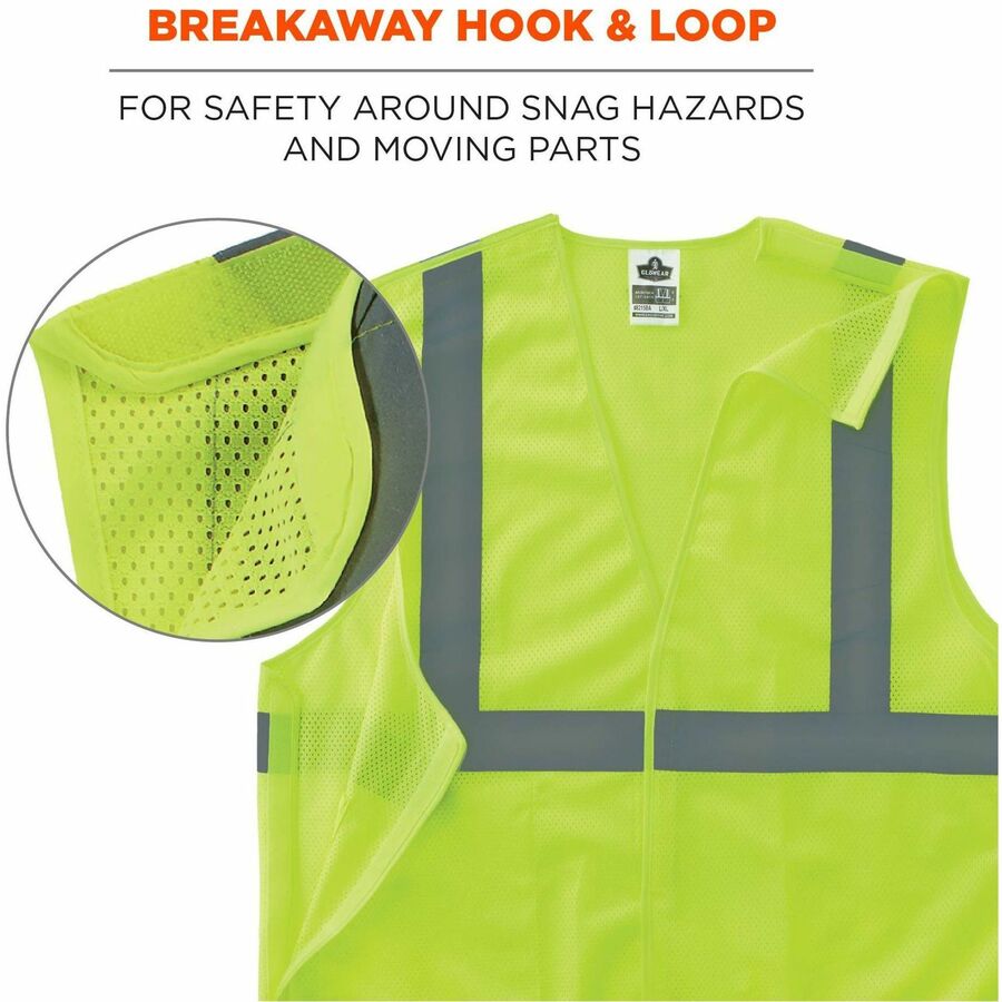 Ergodyne GloWear 8215BA Breakaway Mesh Safety Vest, Large, Lime, Polyester Mesh, Hook & Loop Closure, 1 Pocket, Reflective Strap, Mic Tab, Lightweight, Breathable, High Visibility, 1 Each