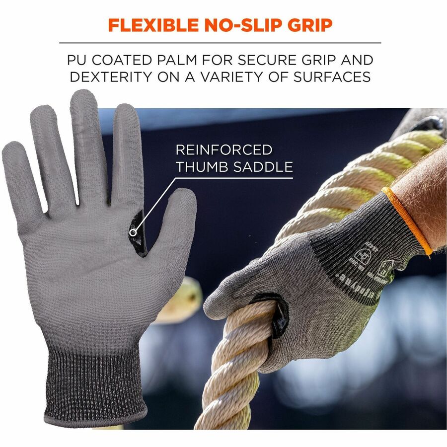 Ergodyne ProFlex 7071 PU-Coated Cut-Resistant Gloves, Large, Gray, ANSI A7, 18-Gauge HPPE, Touchscreen Capable, Reinforced Thumb Saddle, Machine Washable, 2 Pairs per Pack