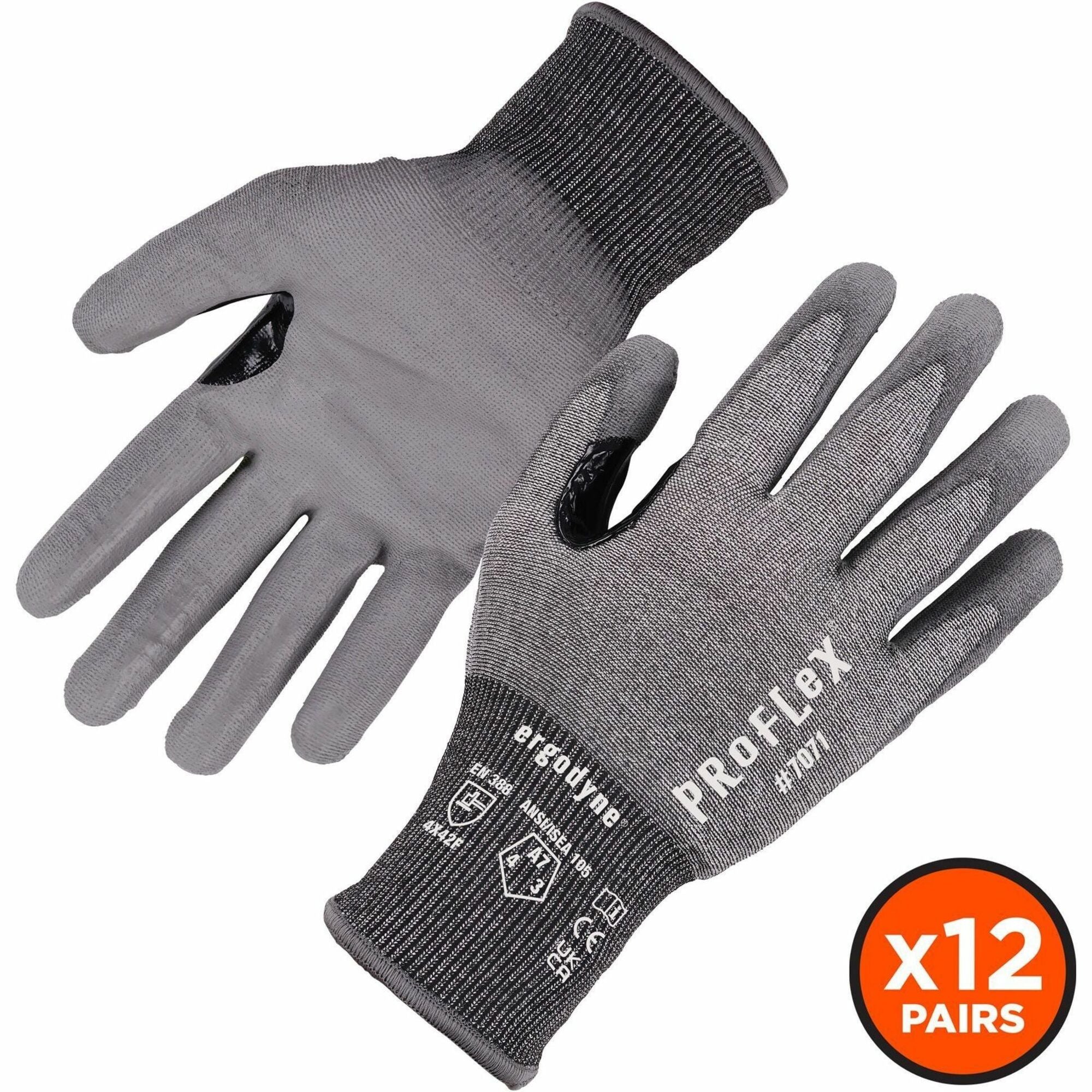 Ergodyne ProFlex 7071 PU-Coated Cut-Resistant Gloves, Large, Gray, ANSI A7, 18-Gauge HPPE, Touchscreen Capable, Reinforced Thumb Saddle, Machine Washable, 2 Pairs per Pack