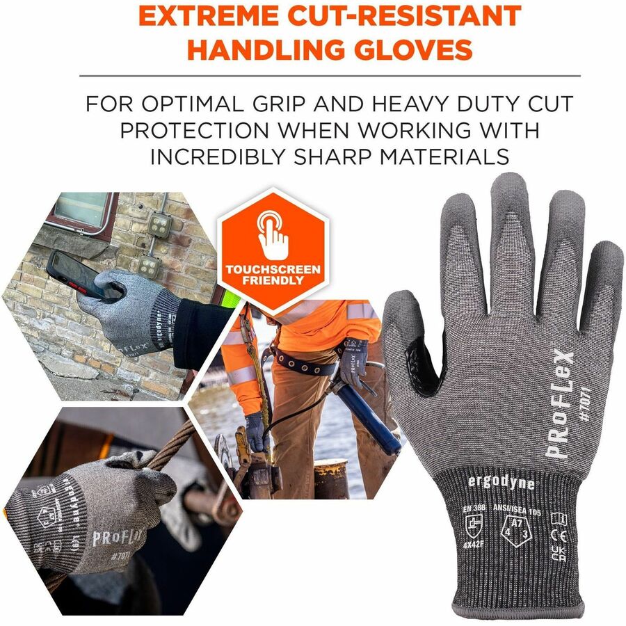 Ergodyne ProFlex 7071 PU-Coated Cut-Resistant Gloves, Large, Gray, ANSI A7, 18-Gauge HPPE, Touchscreen Capable, Reinforced Thumb Saddle, Machine Washable, 2 Pairs per Pack