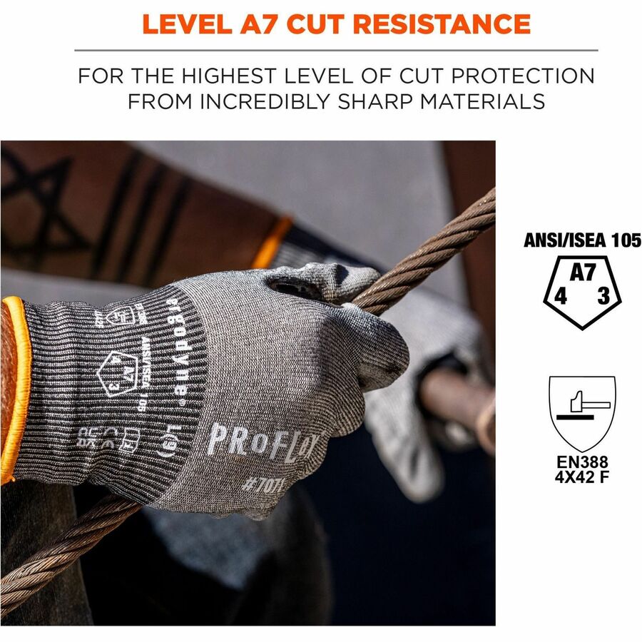 Ergodyne ProFlex 7071 PU-Coated Cut-Resistant Gloves, Large, Gray, ANSI A7, 18-Gauge HPPE, Touchscreen Capable, Reinforced Thumb Saddle, Machine Washable, 2 Pairs per Pack