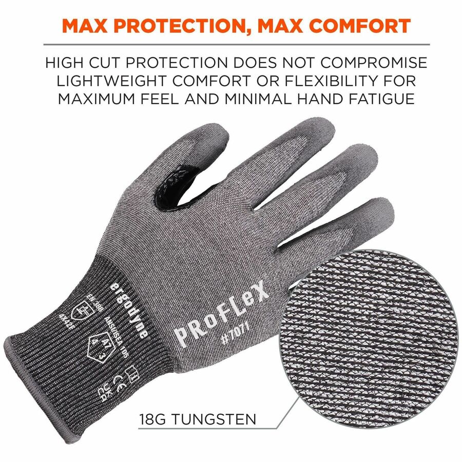 Ergodyne ProFlex 7071 PU-Coated Cut-Resistant Gloves, Large, Gray, ANSI A7, 18-Gauge HPPE, Touchscreen Capable, Reinforced Thumb Saddle, Machine Washable, 2 Pairs per Pack