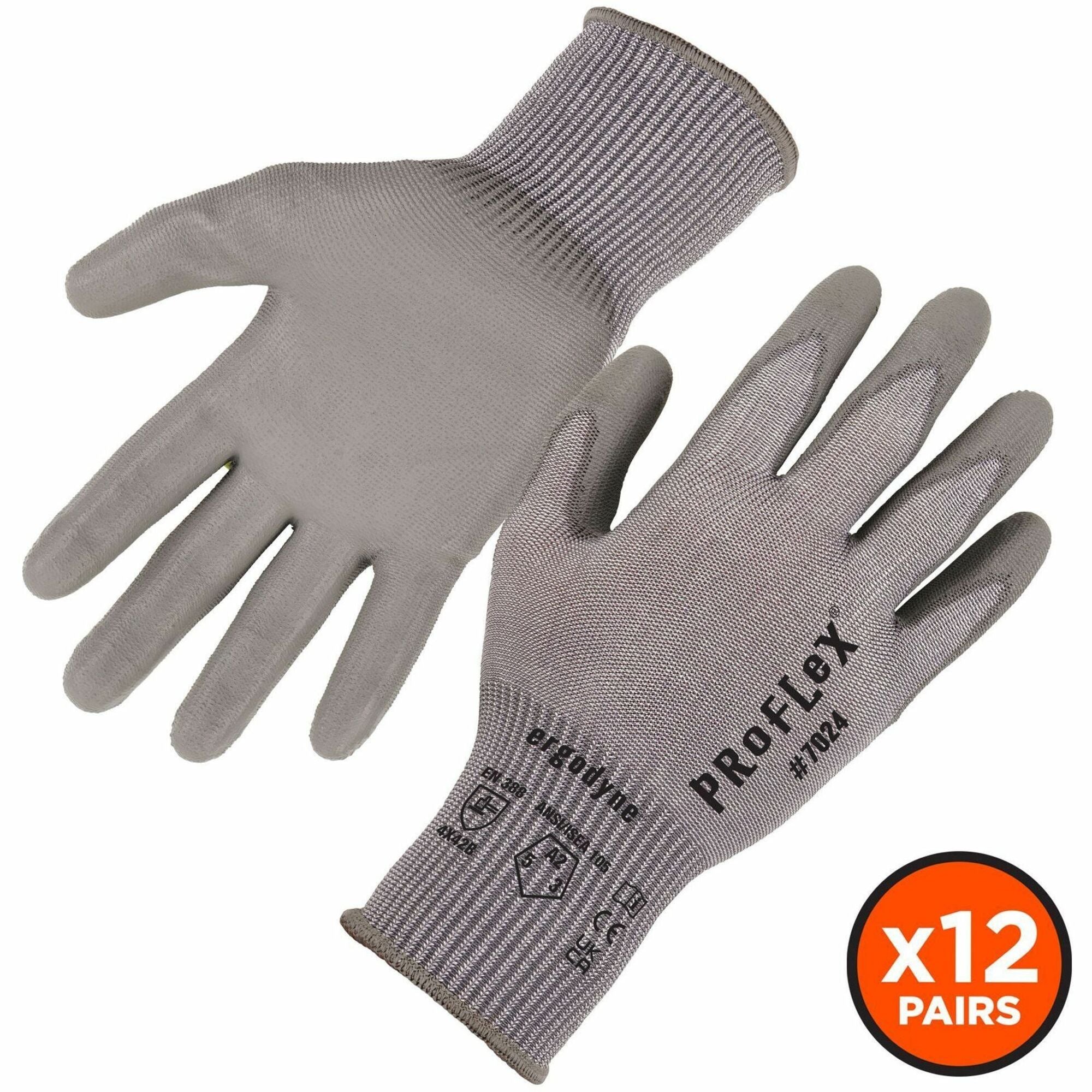 Ergodyne 7024 PU-Coated Cut-Resistant Gloves, X-Large, Gray, Touchscreen Capable, Polyurethane Palm, HPPE/Nylon Spandex, 13-Gauge, 2 Pairs per Pack