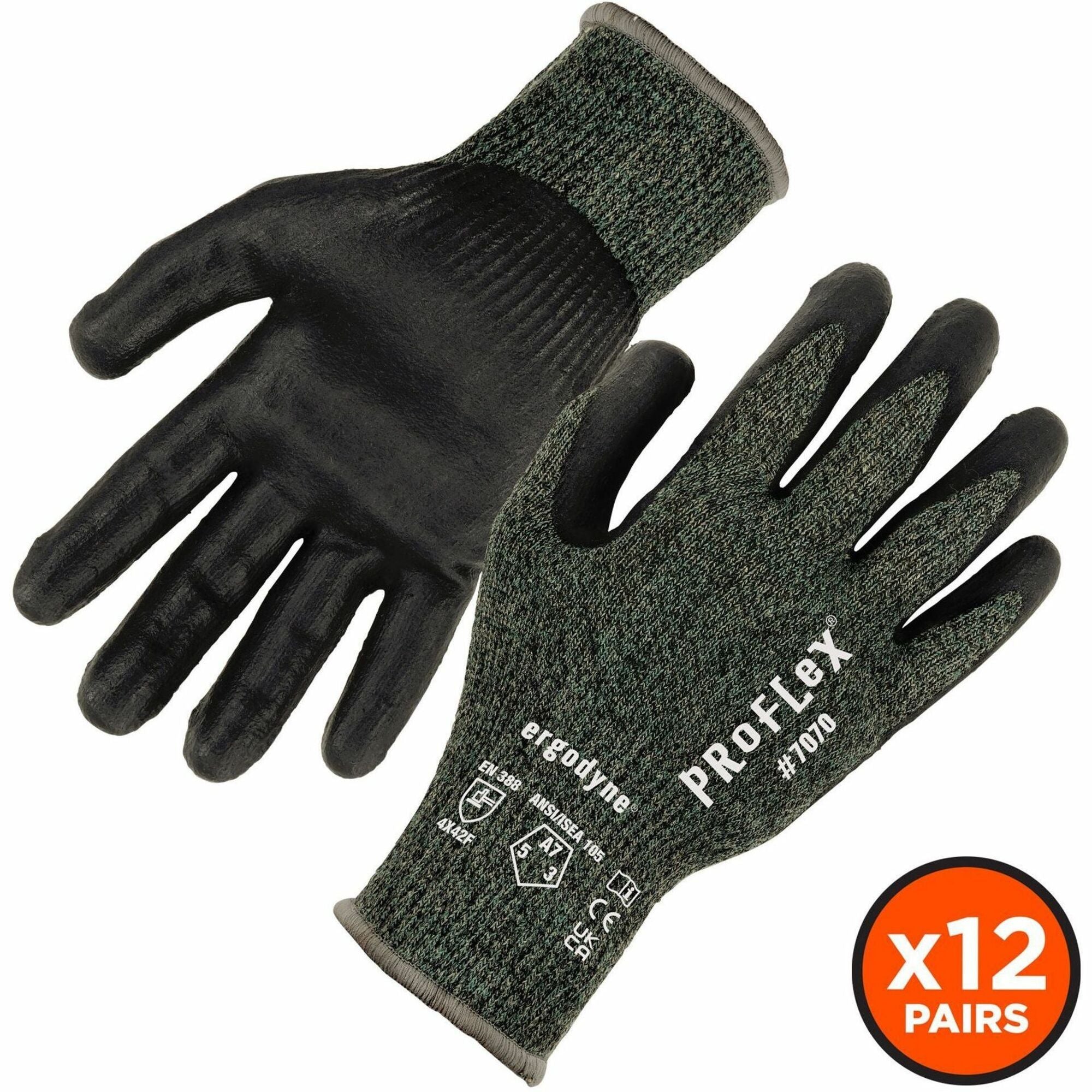 Ergodyne 7070 Nitrile-Coated Cut-Resistant Gloves, Medium, Green, Synthetic Fiber, Touchscreen Capable, Heat, Cut, and Abrasion Resistant, Machine Washable, 2 Pairs per Pack