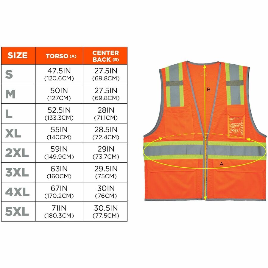 Ergodyne 8246Z 2-Tone High-Visibility Safety Vest, X-Large, Zipper Closure, 6 Pockets, Polyester Mesh, Orange, Reflective Piping, Machine Washable, 1 Each