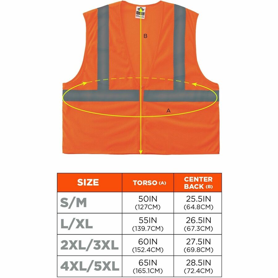 Ergodyne GloWear Type R Class 2 Hi-Vis Mesh Vest, 2X/3X, Zipper Closure, Orange, Reflective, Breathable, Lightweight, Machine Washable, Polyester Mesh, 1 Each