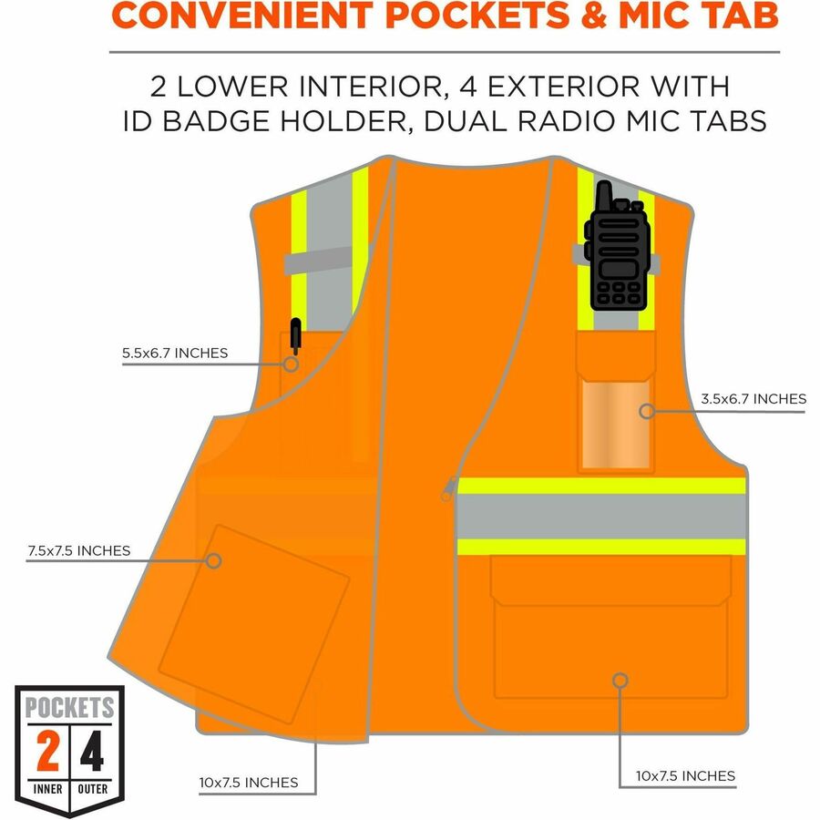 Ergodyne 8246Z 2-Tone High-Visibility Safety Vest, 4-Xtra Large, Zipper Closure, 6 Pockets, Polyester Mesh, Orange, Reflective Piping, Machine Washable, 1 Each