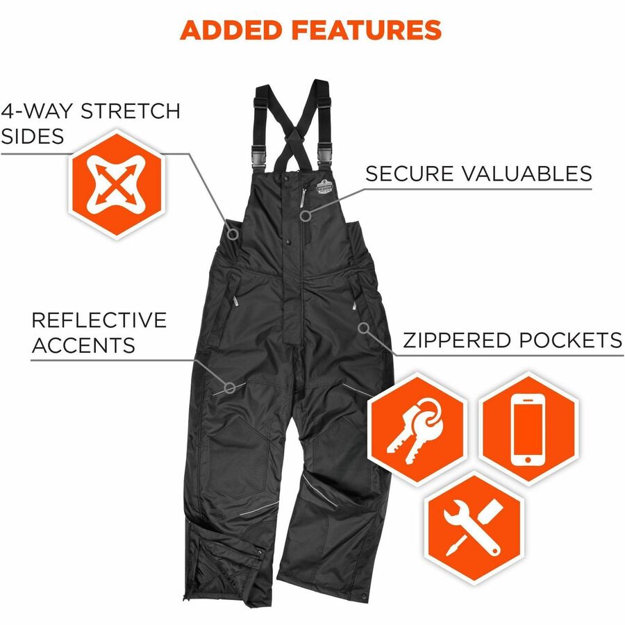 Ergodyne 6472 Insulated Bib Overalls, 4XL, Black, 300D Oxford Polyester, Polyester, 1 Each