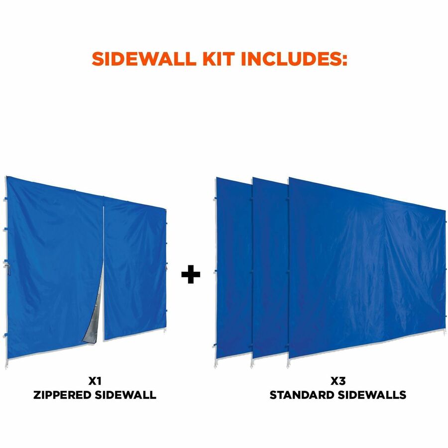 Ergodyne SHAX 6054 Pop-Up Tent Sidewall Kit, Blue, Includes 1 Zippered Sidewall and 3 Standard Sidewalls, 10 ft x 10 ft, Polyurethane/Polyester/Polyethylene Fabric, Water and UV Resistant, CPAI-84 Certified, Packaged Quantity: 1 Each