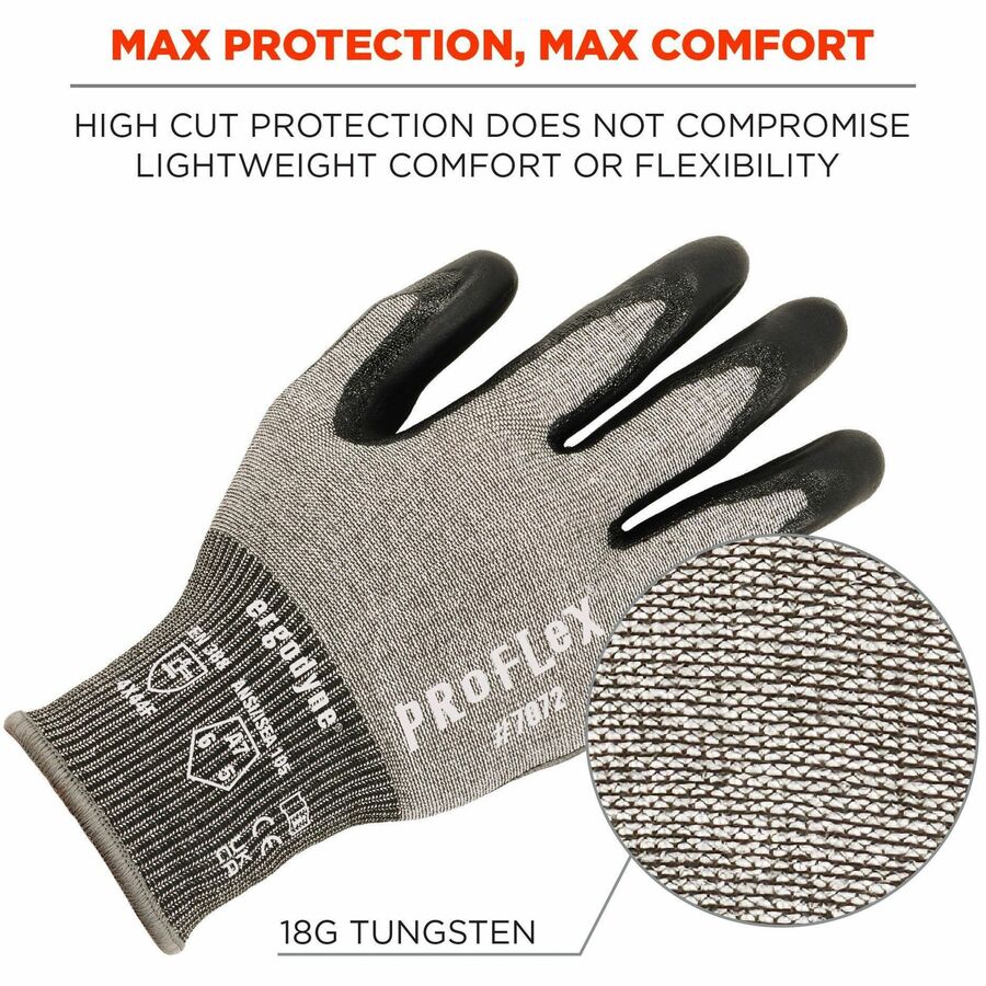 Ergodyne ProFlex 7072 Nitrile-Coated Cut-Resistant Gloves, XXL, Gray, 18-Gauge, ANSI A7, Abrasion Resistant, Dual Layer, Non-slip Grip, Machine Washable, 2 Pairs per Pack