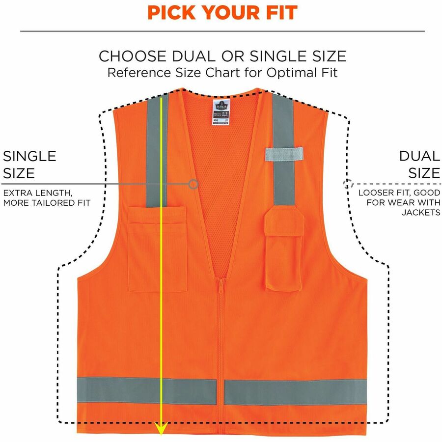 Ergodyne GloWear 8249Z Hi-Vis Surveyors Vest, Extra Small, Orange, Zipper Closure, 4 Pockets, Polyester, Mesh Back, Reflective, Lightweight, Breathable, 1 Each