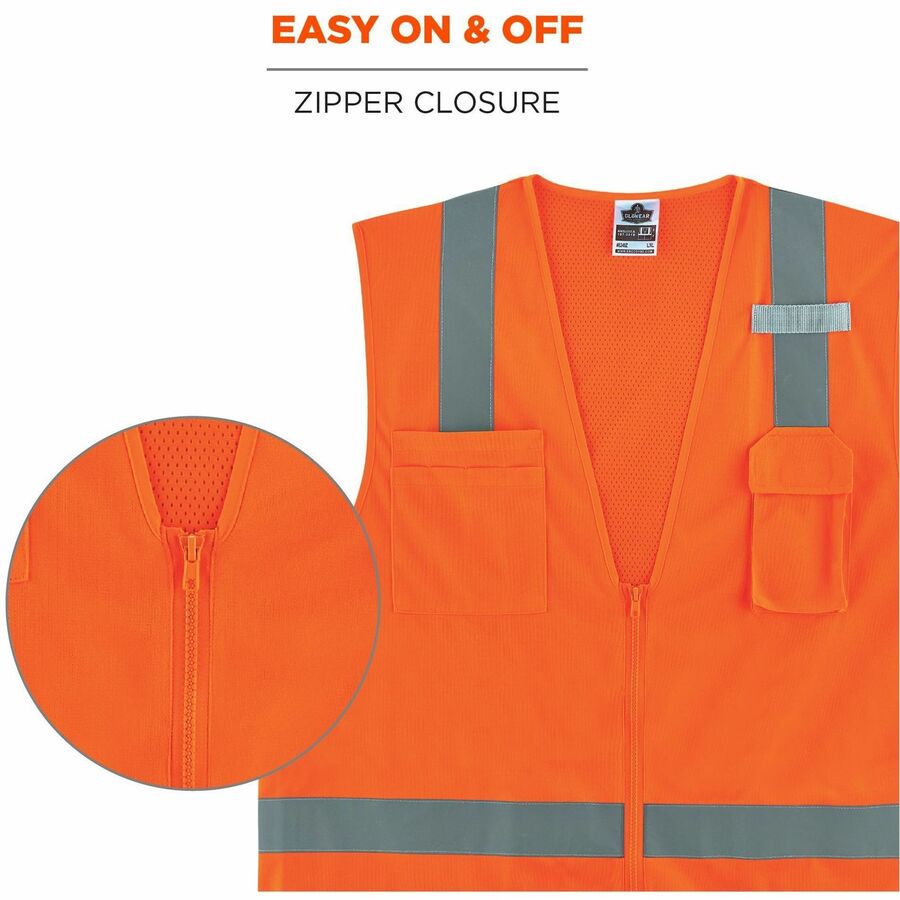 Ergodyne GloWear 8249Z Hi-Vis Surveyors Vest, Extra Small, Orange, Zipper Closure, 4 Pockets, Polyester, Mesh Back, Reflective, Lightweight, Breathable, 1 Each