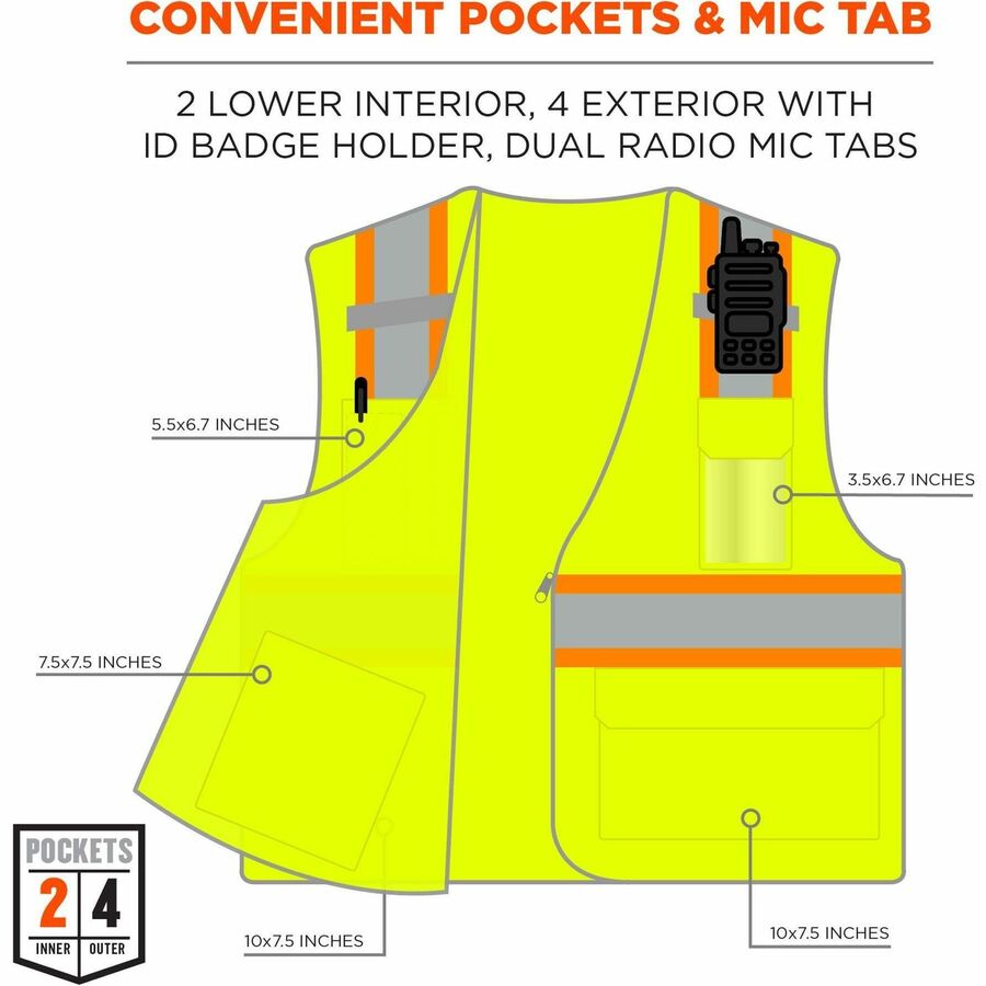Ergodyne 8246Z 2-Tone High-Visibility Safety Vest, 4X-Large, Zipper Closure, 6 Pockets, Polyester Mesh, Lime, Reflective Piping, Machine Washable, 1 Each