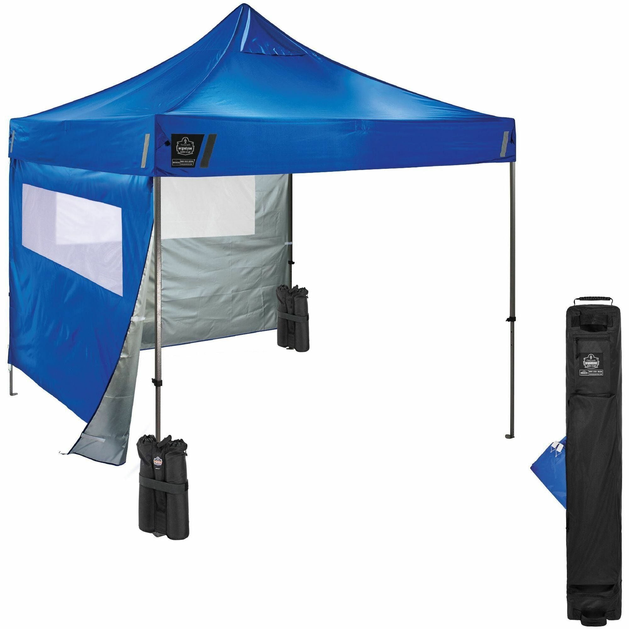 Ergodyne SHAX 6052 Heavy-Duty Pop-Up Canopy Tent Kit, Blue, Steel Frame, 10 ft x 10 ft x 14 ft, Includes 1 Tent, 2 Sidewalls with Mesh Windows, 2 Weight Bags, Storage Bag, 4 Stakes, 4 Ropes, Packaged Quantity: 1 Each