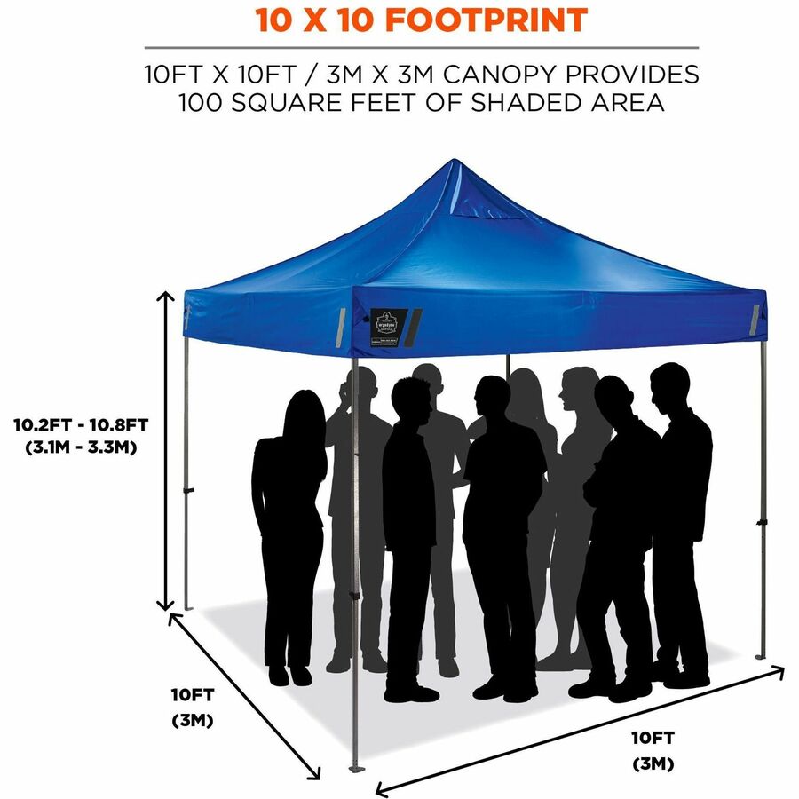 Ergodyne SHAX 6052 Heavy-Duty Pop-Up Canopy Tent Kit, Blue, Steel Frame, 10 ft x 10 ft x 14 ft, Includes 1 Tent, 2 Sidewalls with Mesh Windows, 2 Weight Bags, Storage Bag, 4 Stakes, 4 Ropes, Packaged Quantity: 1 Each