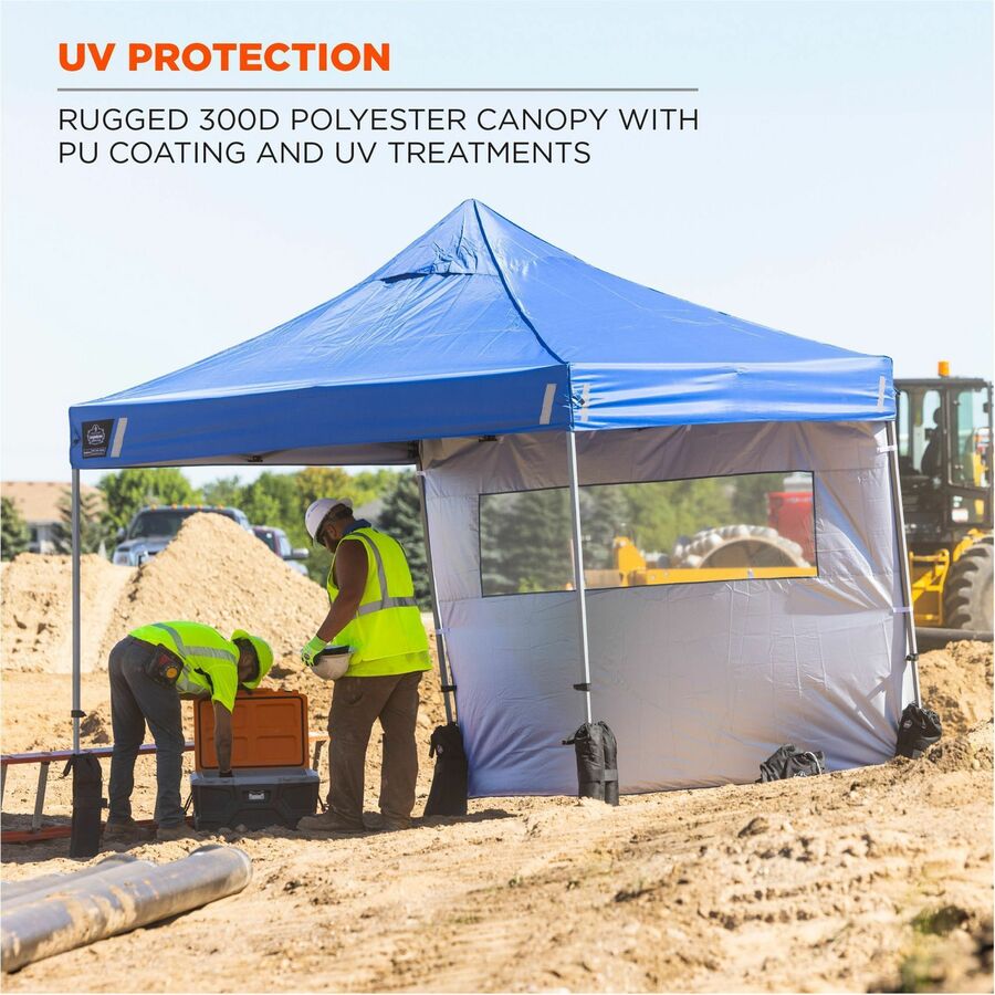 Ergodyne SHAX 6052 Heavy-Duty Pop-Up Canopy Tent Kit, Blue, Steel Frame, 10 ft x 10 ft x 14 ft, Includes 1 Tent, 2 Sidewalls with Mesh Windows, 2 Weight Bags, Storage Bag, 4 Stakes, 4 Ropes, Packaged Quantity: 1 Each