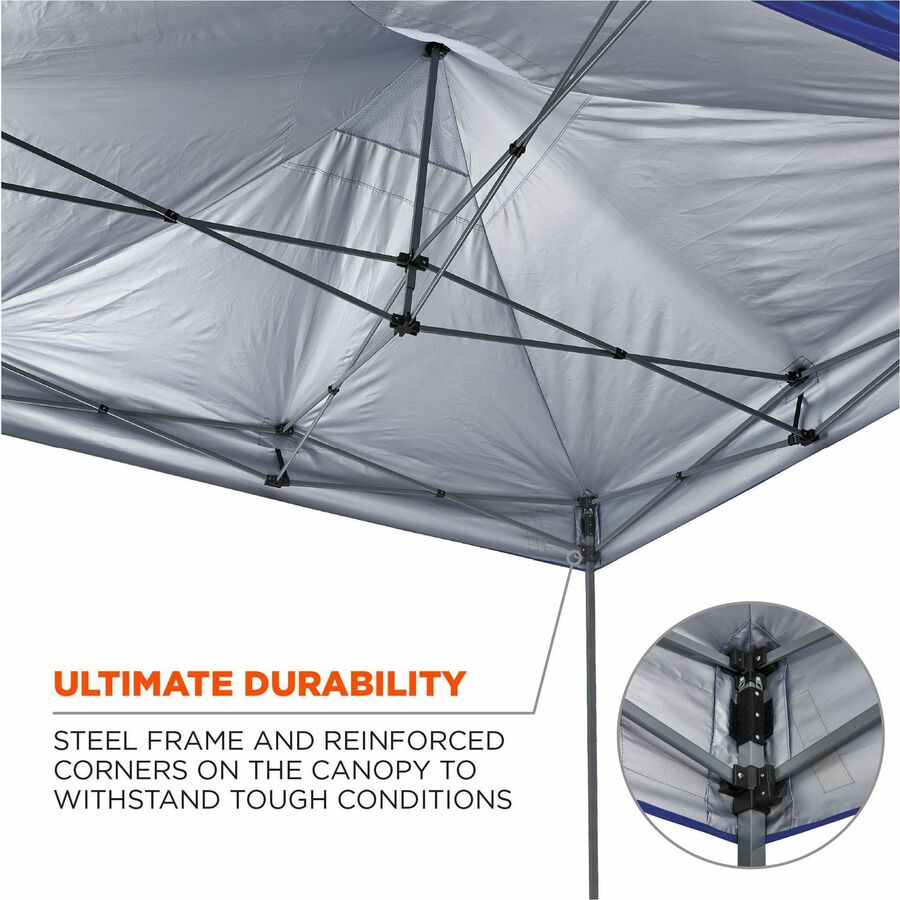Ergodyne SHAX 6052 Heavy-Duty Pop-Up Canopy Tent Kit, Blue, Steel Frame, 10 ft x 10 ft x 14 ft, Includes 1 Tent, 2 Sidewalls with Mesh Windows, 2 Weight Bags, Storage Bag, 4 Stakes, 4 Ropes, Packaged Quantity: 1 Each
