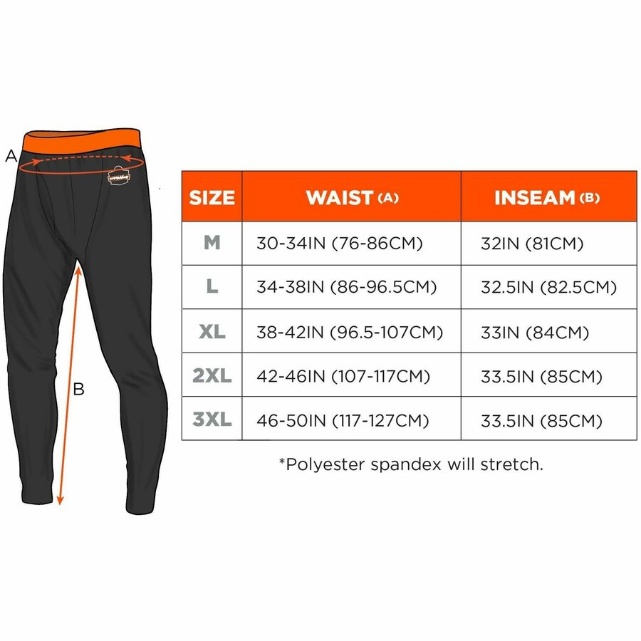 Ergodyne 6481 Lightweight Base-Layer Pants, 2XL, Black, Polyester/Spandex/Elastic, 1 Each