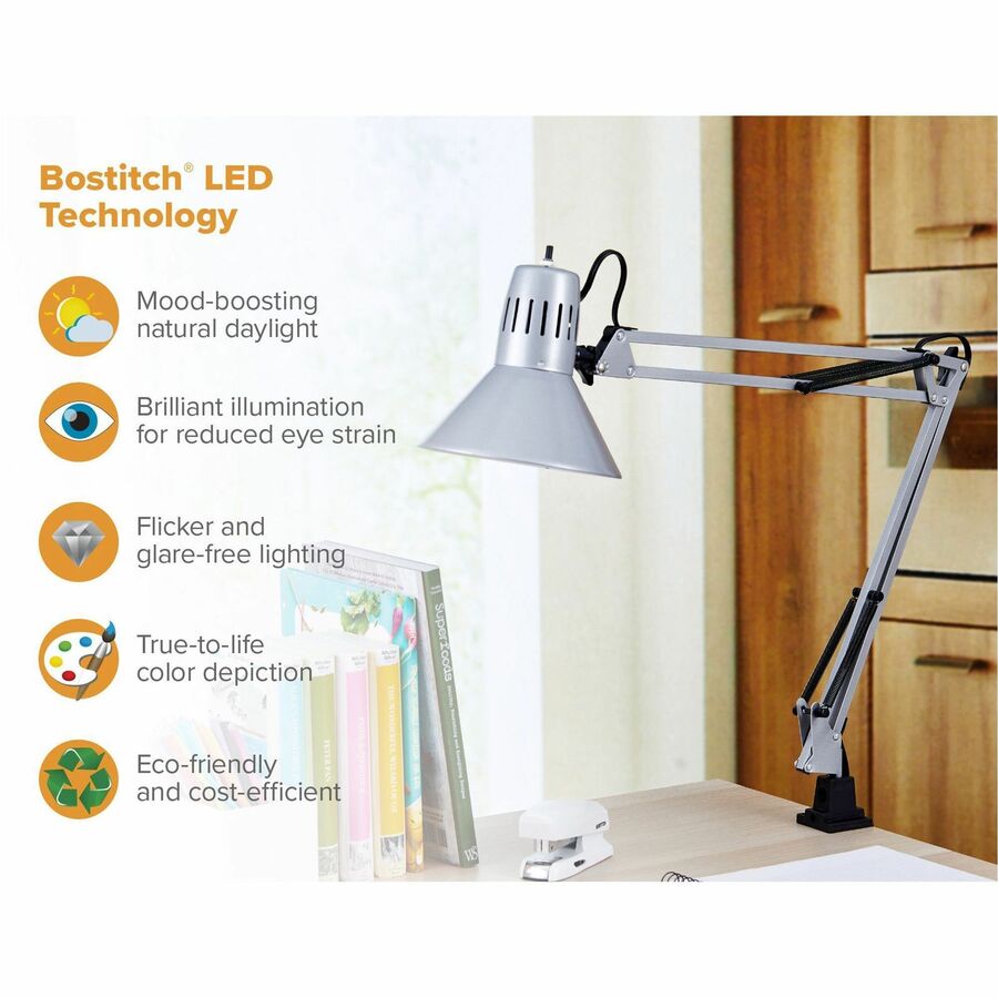 Bostitch Swing Arm Desk Lamp with Clamp, Silver