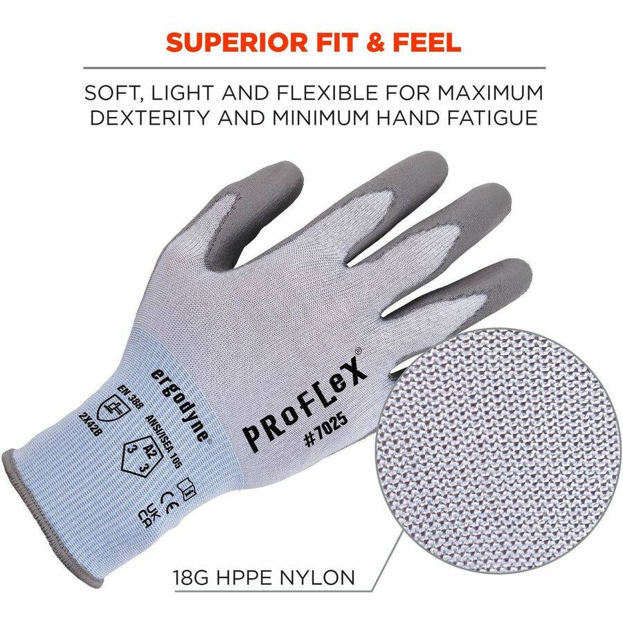 Ergodyne 7025 PU-Coated Cut-Resistant Gloves, Medium, Blue, Touchscreen Capable, ANSI A2 Cut Level, Abrasion Resistant, 2 Pairs per Pack