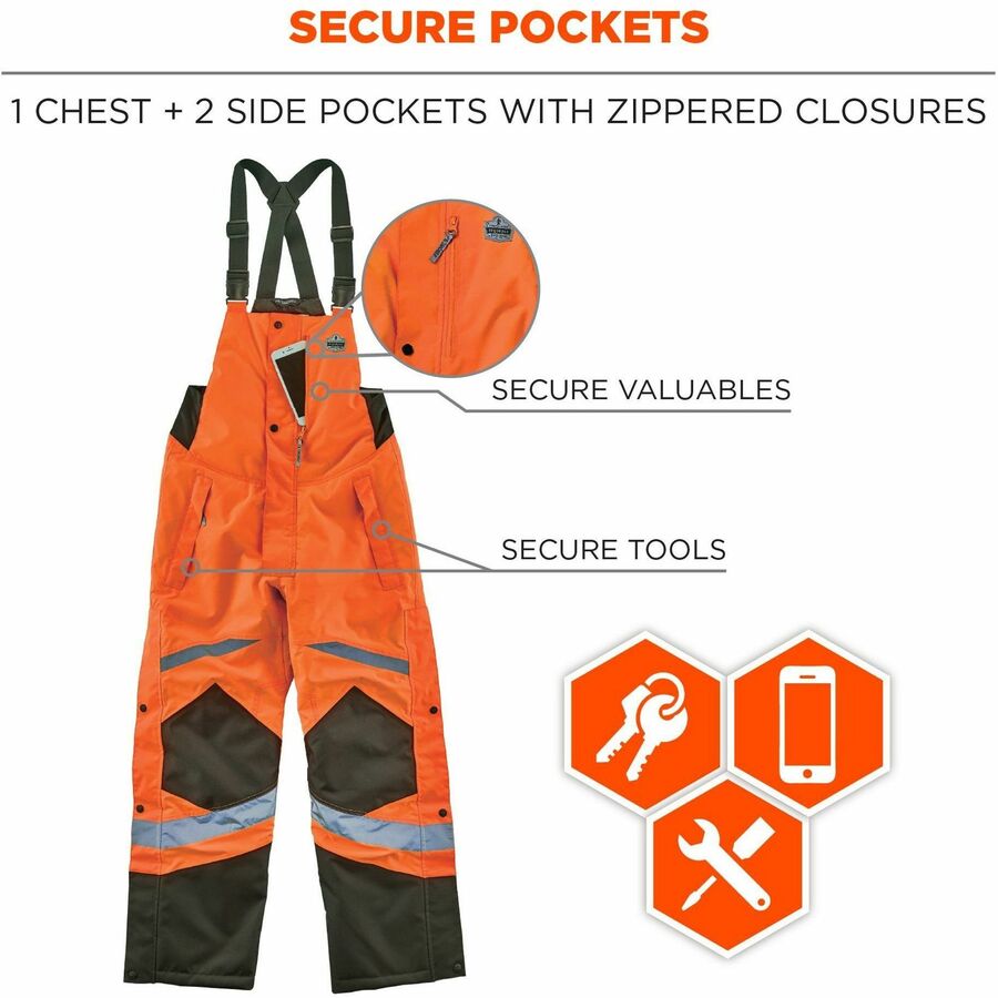 Ergodyne 8928 Hi-Vis Insulated Rain Bib Overalls, 4XL, Orange/Black, Polyester, 300D Oxford, Polyurethane, 1 Each